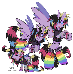 Size: 2000x2042 | Tagged: safe, artist:toycasino, oc, oc only, oc:sparky, alicorn, pony, alicorn oc, artfight, bracelet, choker, clothes, coontails, domo, ear piercing, earring, eyes closed, fangs, female, fishnet clothing, flying, frown, furry leg warmers, gauges, gift art, gradient eyes, hair over one eye, helix piercing, high res, hoodie, horn, jewelry, leaning forward, leg warmers, long tail, looking at you, mare, mare oc, meme, multicolored mane, multicolored tail, necklace, open frown, open mouth, open smile, partially open wings, piercing, purple coat, raised hooves, raver, ripped stockings, scene, scene hair, short mane, simple background, slender, smiley face, smiling, smiling at you, spiked choker, spiky mane, spiky tail, spread wings, starry eyes, stockings, striped leg warmers, striped tail, tail, text, thick horn, thigh highs, thin, torn clothes, two toned eyes, we're emo, white background, white pupils, wing piercing, wingding eyes, wings, wristband, yelling