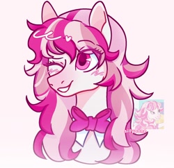 Size: 1256x1214 | Tagged: safe, artist:sillyp0ne, horse, barely pony related, blush scribble, blushing, bowtie, bust, candi (wild manes), colored eyelashes, colored pinnae, colored pupils, eye clipping through hair, eyebrows, eyebrows visible through hair, eyeshadow, female, gradient muzzle, long mane, makeup, mare, one eye closed, pink coat, pink eyes, pink eyeshadow, pink mane, purple eyelashes, purple pupils, reference used, shiny mane, signature, smiling, solo, three toned mane, wild manes, wink