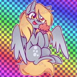 Size: 1087x1096 | Tagged: safe, artist:sillyp0ne, derpy hooves, pegasus, pony, g4, blonde mane, blonde tail, blush lines, blushing, checkered background, colored hooves, cute, derp, derpabetes, eye clipping through hair, eyebrows, eyelashes, eyestrain warning, female, food, glowing blush, gray coat, gray hooves, hoof hold, hooves, mare, muffin, multicolored background, outline, partially open wings, patterned background, rainbow background, shiny hooves, shiny mane, shiny tail, signature, sitting, smiling, solo, tail, that pony sure does love muffins, tongue out, wings, yellow eyes