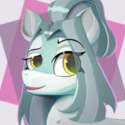 Size: 3805x3805 | Tagged: safe, artist:ch0c0sauri0, oc, oc only, oc:snow lotus, pegasus, pony, abstract background, artfight, beauty mark, big eyes, blue coat, bow, bust, colored, colored pinnae, colored pupils, detailed, ears up, eye clipping through hair, eyebrows, eyebrows visible through hair, eyelashes, eyeshadow, fanart, female, gift art, grayscale, hair bow, hat, highlights, horn, lineart, long hair, long mane, looking at someone, looking back, looking up, makeup, mare, mole, monochrome, open mouth, open smile, original art, pegasus oc, ponytail, portrait, shading, signature, smiling, solo, two toned mane