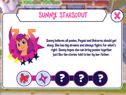 Size: 3001x2251 | Tagged: safe, artist:prixy05, sunny starscout, earth pony, pony, g5, my little pony: tell your tale, description, female, introduction card, like gaming, mare, smiling, solo, text