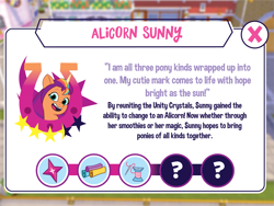 Size: 3001x2251 | Tagged: safe, artist:prixy05, sunny starscout, alicorn, earth pony, pony, g5, my little pony: tell your tale, description, female, introduction card, like gaming, mane stripe sunny, mare, race swap, smiling, solo, sunnycorn, text