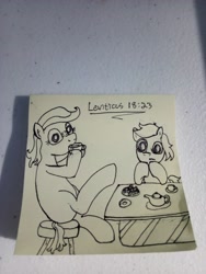 Size: 2448x3264 | Tagged: safe, artist:wren, earth pony, pony, bible verse, cup, doodle, duo, food, monochrome, mouthpiece, religion, saucer, sipping, staring at you, sticky note, stool, sugarcube, table, tea, teacup, teapot, text, traditional art