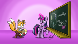 Size: 1280x720 | Tagged: safe, artist:soulsliver249, twilight sparkle, alicorn, fox, mobian, pony, g4, chalk, chalk drawing, chalkboard, crossover, dialogue, digital art, duo, english, glowing, glowing horn, happy, horn, magic, miles "tails" prower, notepad, pen, purple background, signature, simple background, sonic the hedgehog (series), stool, telekinesis, traditional art, twilight sparkle (alicorn)