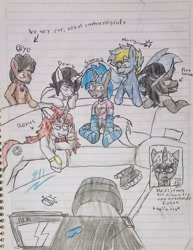 Size: 1449x1877 | Tagged: safe, artist:tex341, king sombra, oc, oc:apollyon, oc:dowi, oc:sama, unnamed oc, alicorn, pegasus, pony, unicorn, alicorn oc, camera, clothes, couch, group, horn, lined paper, looking at each other, looking at someone, looking at you, pegasus oc, socks, spanish, striped socks, traditional art, unamused, unicorn oc, wings