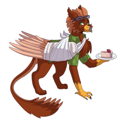 Size: 2800x2800 | Tagged: safe, artist:monnarcha, oc, oc only, oc:pavlos, griffon, bandage, beak, broken bone, broken wing, cake, cake slice, cast, cheek fluff, claws, clothes, colored wings, commission, eared griffon, food, griffon oc, injured, non-pony oc, nonbinary, plate, shirt, simple background, sling, solo, strawberry, sunglasses, tail, transparent background, whipped cream, wings