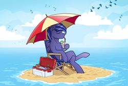 Size: 5064x3393 | Tagged: safe, artist:helmie-art, oc, oc only, oc:lightning flare, pegasus, pony, beach umbrella, chair, chest fluff, commission, cooler, crossed legs, drink, island, pegasus oc, sitting, solo, sternocleidomastoid, umbrella, water, ych result