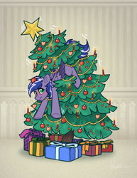 Size: 1256x1626 | Tagged: safe, artist:helmie-art, oc, oc only, oc:lightning flare, pegasus, pony, blushing, christmas, christmas tree, commission, concerned, holiday, pegasus oc, present, solo, stuck, tree, ych result