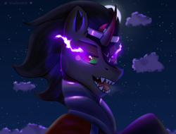 Size: 1955x1485 | Tagged: safe, artist:divori, king sombra, g4, armor, cloud, colored horn, crown, curved horn, evil, evil smile, fangs, green eyes, horn, jewelry, mantle, moon, sky, smiling, solo, sombra eyes, sombra horn, stars, teeth, tiara