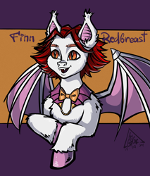 Size: 2300x2700 | Tagged: safe, artist:gigisarts, oc, oc only, oc:finn redbreast, bat pony, pony, bartender, bat pony oc, bat wings, bust, clothes, commission, male, orange eyes, portrait, red hair, solo, wings