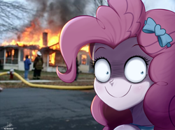 Size: 2734x2050 | Tagged: safe, artist:the-butch-x, pinkie pie, human, equestria girls, g4, my little pony equestria girls: better together, bow, clothes, crazy eyes, creepy, disaster girl, disturbing, eyelashes, female, fire, fire hydrant, grass, hair bow, happy, house, implied arson, insanity, irl, long hair, looking at you, looking back, meme, outdoors, photo, pinpoint eyes, ponified meme, real life background, road, scary, shrunken pupils, sidewalk, sleeveless, smiling, standing, street, tank top, teenager, tree, turned head, water hose, wide eyes