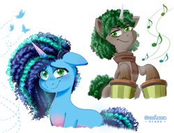 Size: 3760x2872 | Tagged: safe, artist:soniana_draws, dapple, misty brightdawn, butterfly, pony, unicorn, g5, bongos, cornrows, curly hair, curly mane, cute, duo, duo male and female, eyebrows, eyebrows visible through hair, female, floppy ears, freckles, high res, horn, looking at you, male, mare, mistybetes, music notes, musical instrument, signature, simple background, smiling, smiling at you, stallion, unshorn fetlocks, white background