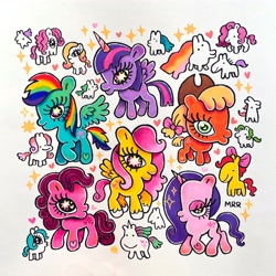 Size: 4096x4096 | Tagged: safe, artist:meganroseruiz, applejack, fluttershy, pinkie pie, rainbow dash, rarity, twilight sparkle, alicorn, earth pony, pegasus, pony, unicorn, g4, applejack's hat, bow, cowboy hat, female, hat, heart, horn, mane six, mare, simple background, sparkles, traditional art, twilight sparkle (alicorn)