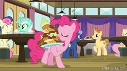 Size: 520x293 | Tagged: safe, screencap, bon bon, fluttershy, golden crust, lyra heartstrings, midnight snack (g4), pinkie pie, sweetie drops, earth pony, pony, unicorn, a trivial pursuit, g4, season 9, abdominal bulge, animated, cartoon physics, cupcake, eating, female, food, food baby, friendship student, gif, gifrun.com, gluttony, horn, male, mare, object vore, pinkie being pinkie, round belly, stallion, stuffed belly, stuffing, swallowing, that pony sure does love eating