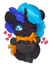 Size: 921x1169 | Tagged: safe, artist:solarhors, oc, oc only, oc:solar flare, oc:♪, changeling, earth pony, pony, ^^, blushing, changeling oc, closed eye, duo, eye clipping through hair, eyebrows, eyebrows visible through hair, eyes closed, floating heart, floppy ears, happy, heart, hug, simple background, transparent background