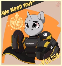 Size: 2733x2897 | Tagged: safe, artist:joaothejohn, oc, oc only, pony, semi-anthro, armor, cape, clothes, commission, earth, fanart, flag, game, helldivers 2, helmet, looking up, male, multicolored hair, propaganda, salute, science fiction, skull, smiling, solo, ych example, your character here