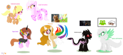 Size: 1600x717 | Tagged: safe, artist:nightlightapocalypse, artist:selenaede, oc, oc:colored leaves, oc:dulce sufrimiento, oc:indomorphe, oc:lady tourmaline, oc:peacock, oc:tape deck, alien, alien pony, cat, cat pony, hippogriff, hybrid, original species, xenomorph, adventure time, alien (franchise), base used, bongo cat, cat nose, cat tail, clothes, cloven hooves, colored hooves, colored horn, colored muzzle, colored paws, colored pinnae, colored pupils, colored sclera, crack ship offspring, crack shipping, crossover, crossover ship offspring, crossover shipping, crossverse (nightlightapocalypse), dinosaur pony, dress, duolingo, female, flerken, floating, golden eyes, goose (marvel), hooves, horn, indoraptor, lady rainicorn, mare, marvel, non-mlp oc, non-mlp shipping, offspring, pale belly, parent:bongo cat, parent:duolingo owl, parent:goose (marvel), parent:indoraptor, parent:lady rainicorn, parent:the king morph, paws, pentagram, pink eyes, pink pupils, rainbow eyes, rainicorn, red eyes, red sclera, shipping, siblings, simple background, sisters, slit pupils, spread wings, striped tail, tail, the king morph, transparent background, wings, yellow eyes, yellow pupils