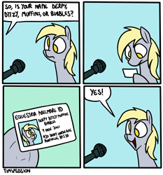 Size: 2500x2680 | Tagged: safe, artist:timsplosion, derpy hooves, pegasus, pony, g4, comic, dialogue, female, hoof hold, id card, mare, mathematician's answer, microphone, no pupils, offscreen character, open mouth, open smile, smiling, solo, speech bubble, that one nameless background pony we all know and love, yes