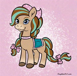 Size: 2048x2022 | Tagged: safe, artist:amynewblue, horse, 2024, bandana, barely pony related, bow, cocoa (wild manes), female, hair bow, mare, saddle, signature, solo, tack, tail, tail bow, wild manes