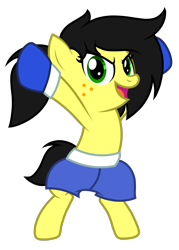 Size: 1220x1700 | Tagged: safe, artist:toyminator900, oc, oc only, oc:uppercute, pony, bipedal, boxing gloves, clothes, freckles, open mouth, shorts, simple background, smiling, solo, transparent background