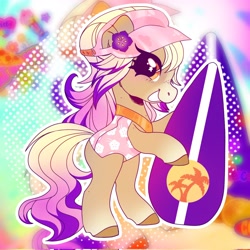 Size: 2048x2048 | Tagged: safe, artist:devideetz, horse, bailey (wild manes), bipedal, clothes, female, flower, freckles, mare, one-piece swimsuit, open mouth, open smile, smiling, solo, surfboard, swimsuit, tail, unshorn fetlocks, visor cap, wild manes