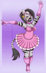 Size: 3030x4840 | Tagged: safe, artist:pananovich, oc, oc only, oc:trinidad, zebra, anthro, abstract background, ballerina, ballet slippers, blushing, breasts, busty oc, cleavage, clothes, female, furrowed brow, gloves, gradient background, gritted teeth, long gloves, looking at you, mare, socks, solo, teeth, zebra oc