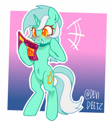 Size: 3384x3712 | Tagged: safe, artist:devideetz, lyra heartstrings, pony, unicorn, g4, belly fluff, bipedal, blushing, emanata, female, gradient background, hoof hold, hoof on cheek, horn, magazine, mare, passepartout, signature, smiling, solo, standing, tail, that pony sure does love humans