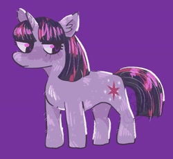 Size: 1782x1640 | Tagged: safe, artist:__rat__king__, part of a set, twilight sparkle, pony, unicorn, g4, bangs, concave belly, ear fluff, eyelashes, female, fluffy, horn, lidded eyes, looking back, mare, purple background, shiny mane, shiny tail, simple background, solo, standing, tail, unicorn twilight, watermark