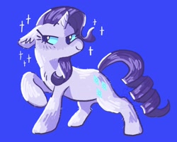 Size: 2044x1640 | Tagged: safe, artist:__rat__king__, part of a set, rarity, pony, unicorn, g4, blue background, blue eyes, blue sclera, colored sclera, cutie mark eyes, eyelashes, female, floppy ears, fluffy, horn, lidded eyes, mare, raised eyebrows, raised hoof, ringlets, shiny mane, shiny tail, simple background, smiling, solo, sparkles, sparkly eyes, standing, standing on three hooves, tail, watermark, wingding eyes