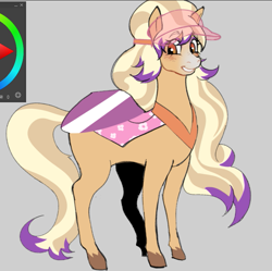Size: 739x736 | Tagged: safe, artist:d0mofan, horse, art program in frame, bailey (wild manes), barely pony related, female, gray background, grin, mare, saddle, simple background, smiling, solo, tack, tail, unshorn fetlocks, visor cap, wild manes