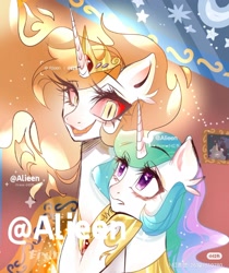 Size: 1440x1713 | Tagged: safe, artist:alieen, daybreaker, princess celestia, alicorn, pony, g4, duo, mane of fire, obtrusive watermark, watermark