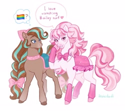 Size: 2048x1815 | Tagged: safe, artist:iksiudodi_, horse, bandana, barely pony related, blushing, bow, bowtie, candi (wild manes), cocoa (wild manes), dialogue, duo, duo female, female, hair bow, implied bailey (wild manes), implied lesbian, implied shipping, infatuation, looking at someone, pride, pride flag, question mark, raised hoof, saddle, smiling, speech bubble, tack, tail, tail bow, thought bubble, wild manes