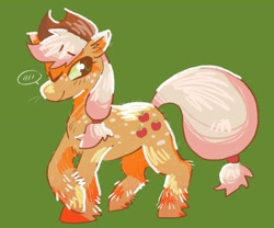 Size: 1967x1640 | Tagged: safe, artist:__rat__king__, part of a set, applejack, earth pony, pony, g4, applejack's hat, blush lines, blushing, body freckles, chest fluff, cowboy hat, ear fluff, eyebrows, eyebrows visible through hair, eyelashes, female, fluffy, freckles, green background, hat, leg fluff, mare, one eye closed, ponytail, raised hoof, simple background, smiling, solo, speech bubble, standing on three hooves, stetson, tail, tied mane, tied tail, whiskers, wink