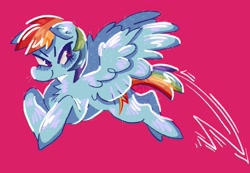 Size: 2048x1418 | Tagged: safe, artist:__rat__king__, part of a set, rainbow dash, pegasus, pony, g4, chest fluff, ear fluff, eyelashes, female, fluffy, flying, looking back, mare, motion lines, narrowed eyes, raised hooves, simple background, smiling, solo, spread wings, wings