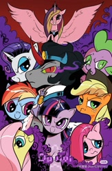 Size: 1080x1661 | Tagged: safe, artist:duvivi, idw, applejack, fluttershy, king sombra, pinkie pie, princess cadance, rainbow dash, rarity, spike, twilight sparkle, g4, reflections, alternate universe, dark mirror universe, evil cadance, former good king sombra, good king sombra, i can't believe it's not idw, mane seven, mane six, mirror universe, pinkamena diane pie