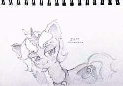 Size: 4000x2785 | Tagged: safe, artist:zamiración, princess luna, unicorn, g4, cute, horn, monochrome, pencil drawing, photo, solo, traditional art