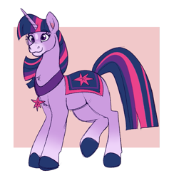 Size: 761x803 | Tagged: safe, artist:lulubell, twilight sparkle, horse, unicorn, g4, blanket, female, horn, mare, passepartout, raised hoof, smiling, solo, style emulation, unicorn twilight, wild manes, wild manesified