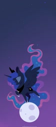 Size: 916x2048 | Tagged: safe, artist:duvivi, princess luna, alicorn, pony, g4, crown, eyes closed, female, full moon, gradient background, hoof shoes, jewelry, luna's crown, mare, moon, night, night sky, night sky background, peytral, princess shoes, regalia, sky, sky background, solo, spread wings, standing on two hooves, starry sky, stars, tangible heavenly object, wallpaper, wings