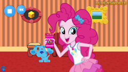 Size: 1920x1080 | Tagged: safe, artist:blockslikepl, edit, edited screencap, screencap, pinkie pie, dog, human, equestria girls, g4, armchair, blue (blue's clues), blue's clues, blue's clues & you!, chair, crayon, drawer, duo, duo female, female, handy dandy notebook, notebook, paw print, picture frame, room, sidetable drawer, thinking chair