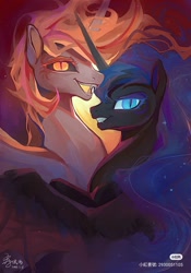 Size: 965x1378 | Tagged: safe, artist:shiqiuzhu, daybreaker, nightmare moon, princess celestia, princess luna, alicorn, pony, g4, armor, blue eyes, blue mane, bust, colored pupils, crown, digital art, duo, duo female, ethereal mane, eyelashes, eyeshadow, fangs, feather, female, flowing mane, gem, happy, horn, incest, jewelry, lesbian, lidded eyes, long horn, looking at each other, looking at someone, looking at you, makeup, mane of fire, mare, open mouth, open smile, orange eyes, portrait, red little book source, regalia, royal sisters, ship:evil princest, ship:princest, shipping, siblings, signature, sisters, smiling, smiling at each other, smiling at you, sparkles, spread wings, starry mane, stars, teeth, wing armor, wings