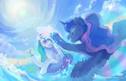 Size: 1675x1080 | Tagged: safe, artist:shiqiuzhu, fluttershy, princess celestia, princess luna, rainbow dash, twilight sparkle, alicorn, pegasus, pony, g4, beach, duo, duo female, eyes closed, eyeshadow, feather, female, flowing mane, glowing, glowing horn, happy, horn, inner tube, looking at each other, looking at someone, magic, makeup, mare, ocean, one eye closed, open mouth, open smile, playing, ponytail, pool toy, red little book source, royal sisters, siblings, sisters, smiling, smiling at each other, spread wings, sun, sunlight, swimming, telekinesis, water, wet, wet mane, wings