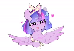 Size: 2048x1421 | Tagged: dead source, safe, artist:petaltwinkle, twilight sparkle, alicorn, pony, g4, alternate accessories, alternate hairstyle, bangs, blushing, bobcut, bow, bust, colored sketch, cute, eyelashes, female, floating heart, hair accessory, hair bow, heart, heart eyes, horn, lighter coat, mane accessory, mare, multicolored mane, open mouth, open smile, polka dots, purple coat, purple eyes, shiny mane, short hair, short mane, short mane twilight sparkle, signature, simple background, sketch, smiling, solo, sparkly eyes, spread wings, three toned mane, twiabetes, twilight sparkle (alicorn), unicorn horn, white background, wingding eyes, wings, wristband