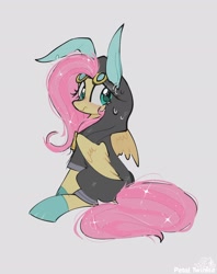 Size: 1620x2048 | Tagged: safe, artist:petaltwinkle, fluttershy, pegasus, pony, g4, blush lines, blushing, bunny ears, bunny hood, clothes, costume, cute, dangerous mission outfit, eye clipping through hair, female, frown, goggles, goggles on head, gray background, hoodie, long eyelashes, long mane, long socks, long tail, looking back, mare, nervous, partially open wings, pink mane, pink tail, rear view, scrapes, shyabetes, simple background, sitting, socks, solo, sparkly mane, sparkly tail, sweat, sweatdrop, tail, teal eyes, two toned mane, two toned tail, wavy mane, wavy mouth, wavy tail, wings, yellow coat