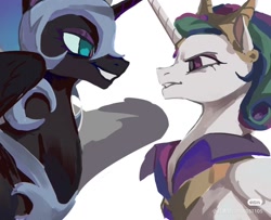 Size: 1328x1080 | Tagged: safe, artist:shiqiuzhu, idw, nightmare moon, princess celestia, alicorn, pony, g4, reflections, spoiler:comic, duo, duo female, evil celestia, evil counterpart, face to face, female, looking at each other, looking at someone, mare, mirror universe, red little book source, simple background, white background