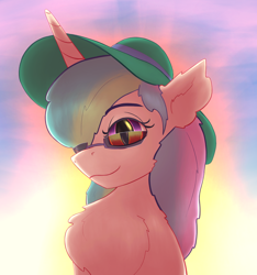 Size: 1962x2100 | Tagged: safe, artist:gosha305, princess celestia, pony, g4, backlighting, bust, chest fluff, ear fluff, female, fluffy, hat, horn, implied daybreaker, looking at you, mare, portrait, sky, smiling, smiling at you, solo, sun, sun hat, sunglasses