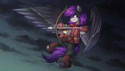 Size: 5200x2925 | Tagged: safe, artist:madelinne, oc, oc only, alicorn, alicorn oc, armor, arrow, bow (weapon), bow and arrow, clothes, cloud, flying, horn, night, night sky, sky, solo, stars, weapon, wings