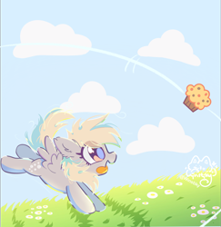 Size: 4000x4115 | Tagged: safe, artist:winstiky, derpy hooves, pegasus, pony, g4, eye clipping through hair, eyes on the prize, muffin, open mouth, open smile, running, smiling, solo, that pony sure does love muffins, tongue out