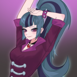 Size: 2048x2048 | Tagged: safe, artist:lawyamiller, sonata dusk, human, equestria girls, g4, my little pony equestria girls: rainbow rocks, arms over head, breasts, busty sonata dusk, cleavage, female, gradient background, high res, human coloration, raised arm, smiling, solo