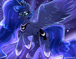 Size: 2184x1687 | Tagged: safe, artist:chee-riee, princess luna, alicorn, pony, g4, beautiful, concave belly, female, flying, long mane, long tail, looking down, mare, slender, solo, spread wings, tail, thin, wings