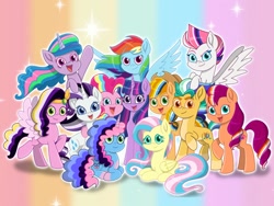 Size: 1024x768 | Tagged: safe, artist:inkies299, applejack, fluttershy, hitch trailblazer, izzy moonbow, misty brightdawn, pinkie pie, pipp petals, rainbow dash, rarity, sunny starscout, twilight sparkle, zipp storm, alicorn, earth pony, pegasus, pony, unicorn, g4, g5, female, g5 to g4, generation leap, gradient background, hitch and his heroine, horn, izzy and her heroine, lgbt, looking at you, lying down, male, mane five, mane six, mane six (g5), mare, misty and her heroine, open mouth, open smile, pipp and her heroine, power of rainbow, pride, pride ponies, prone, rainbow background, smiling, smiling at you, spread wings, stallion, sunny and her heroine, zipp and her heroine